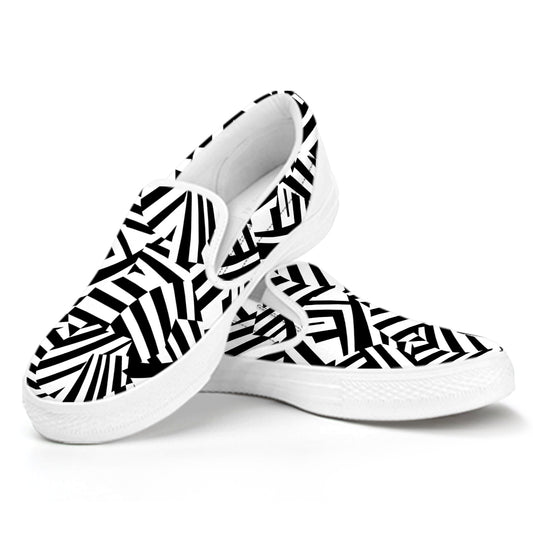 Black And White Dazzle Pattern Print White Slip On Shoes