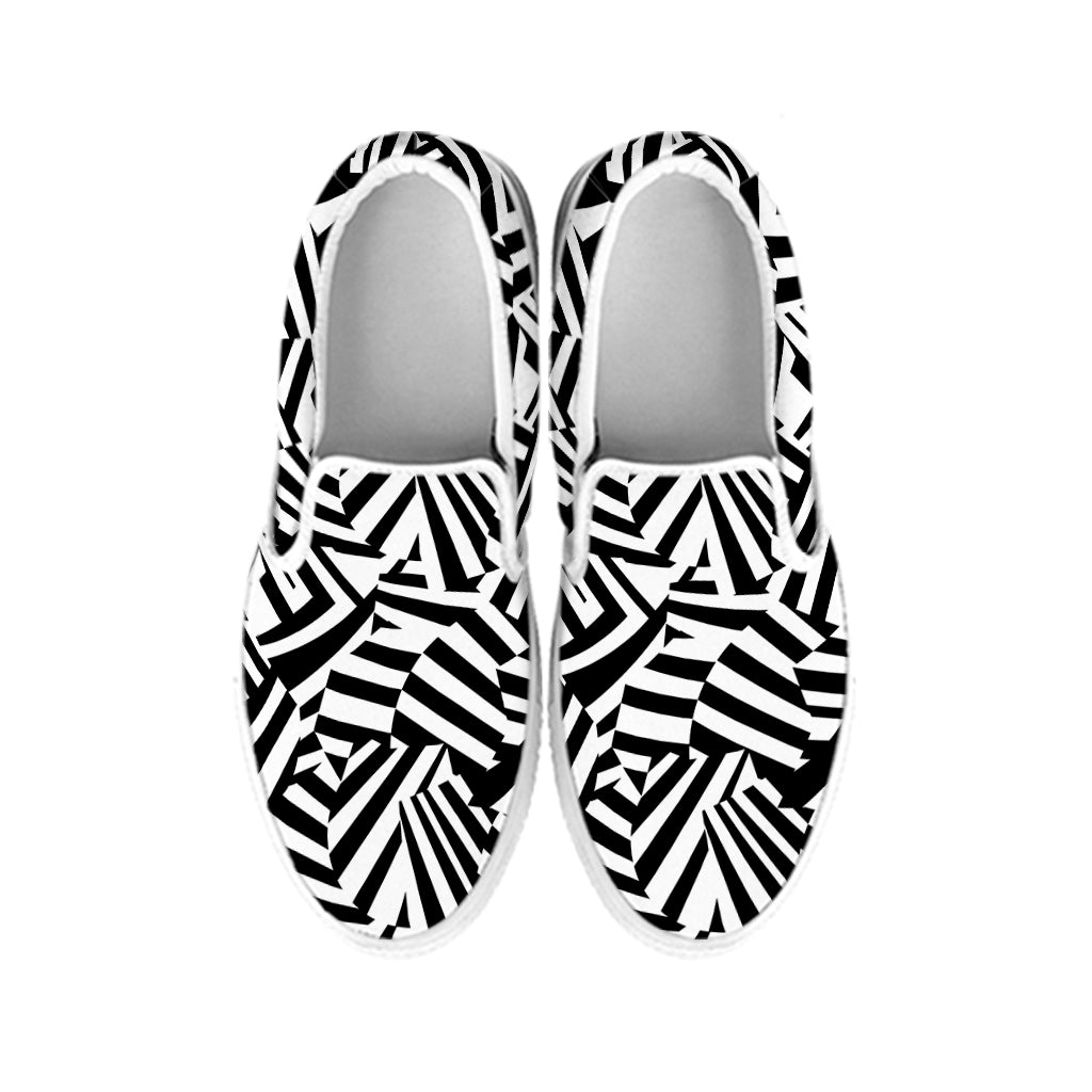 Black And White Dazzle Pattern Print White Slip On Shoes
