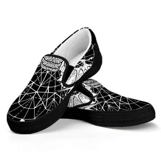 Black And White Demon Wicca Print Black Slip On Shoes