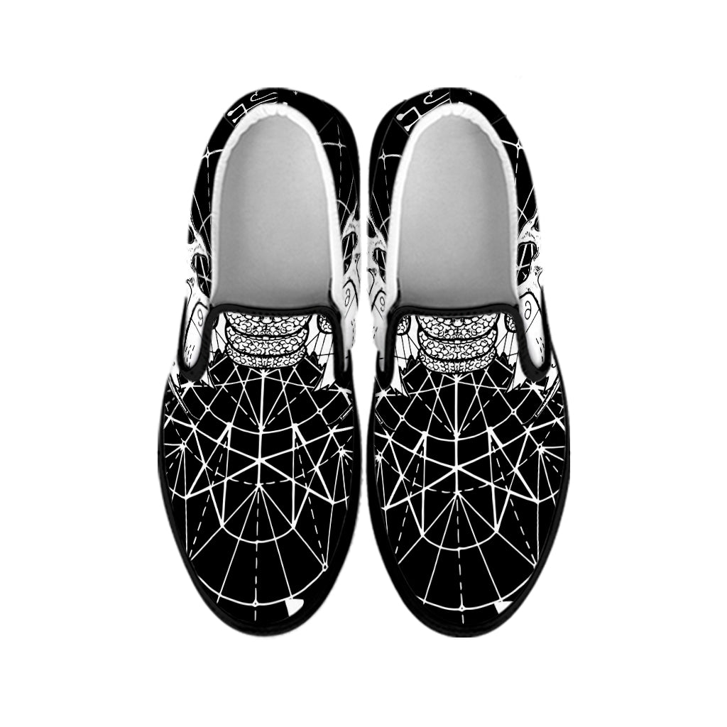 Black And White Demon Wicca Print Black Slip On Shoes