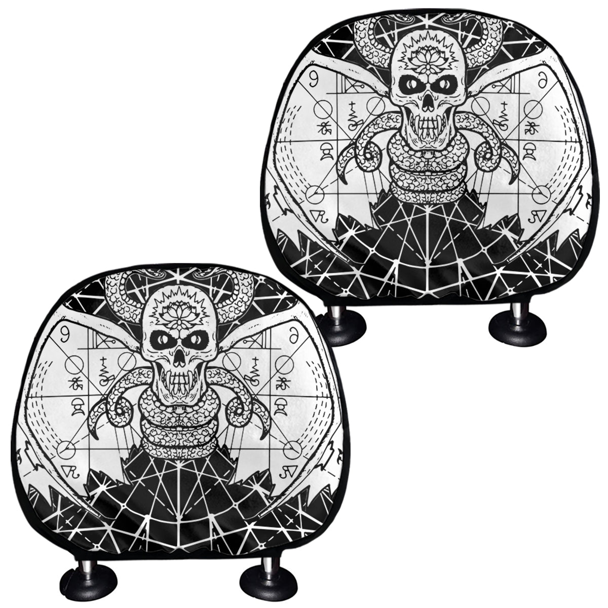 Black And White Demon Wicca Print Car Headrest Covers