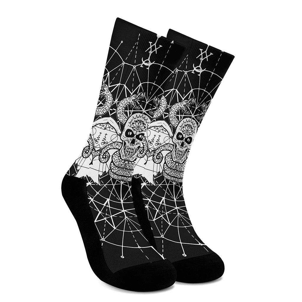 Black And White Demon Wicca Print Crew Socks