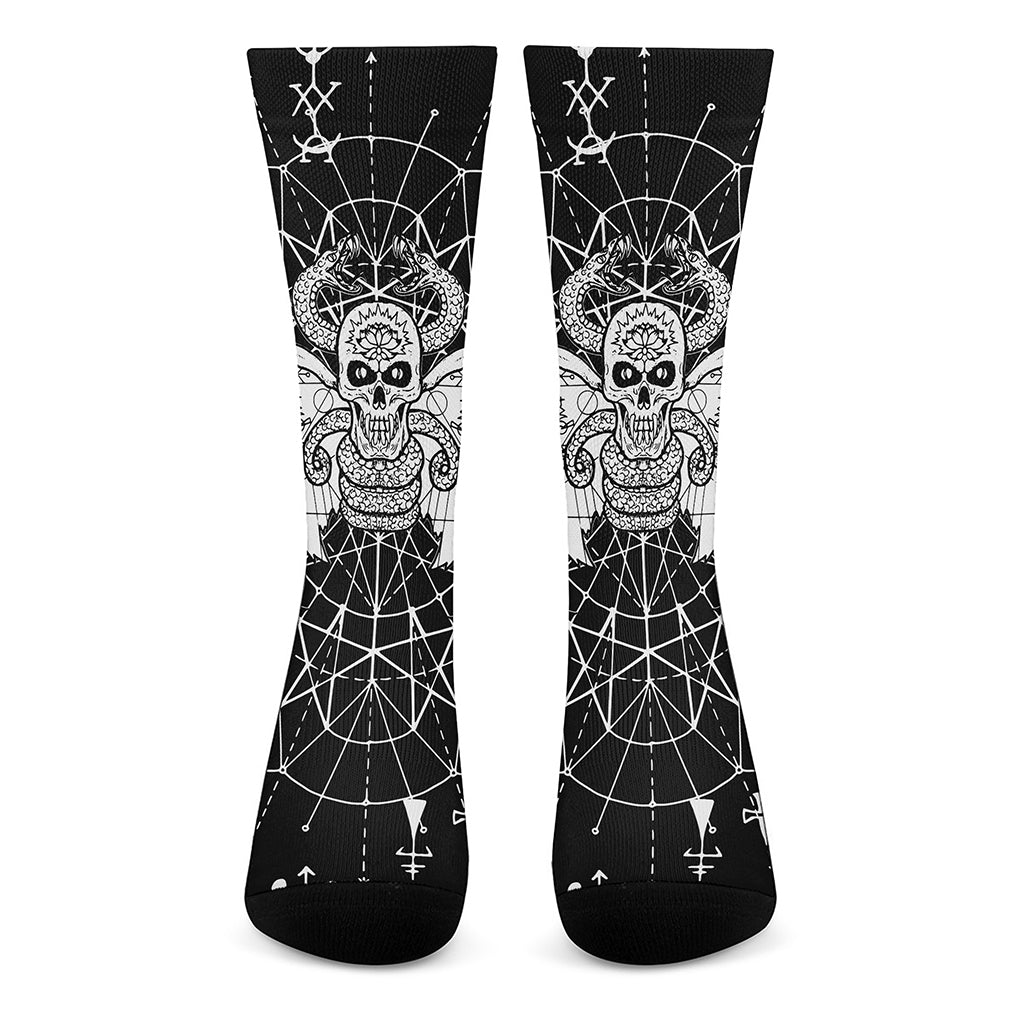 Black And White Demon Wicca Print Crew Socks