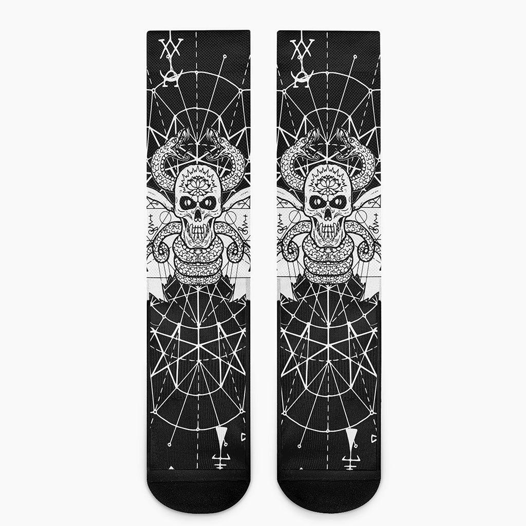 Black And White Demon Wicca Print Crew Socks