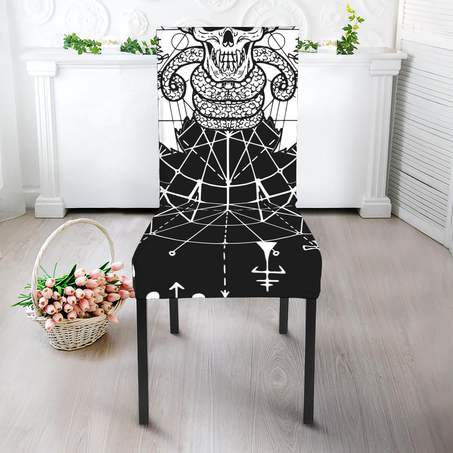 Black And White Demon Wicca Print Dining Chair Slipcover