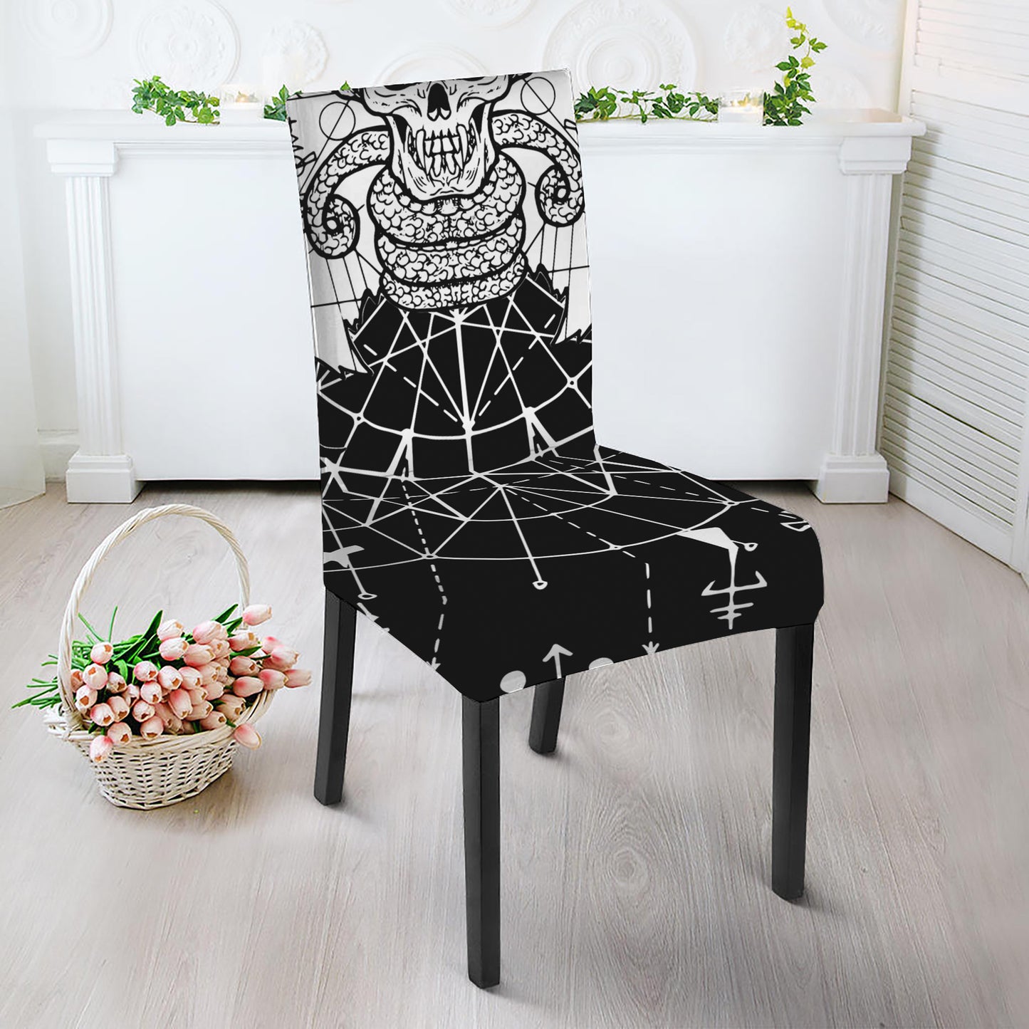 Black And White Demon Wicca Print Dining Chair Slipcover