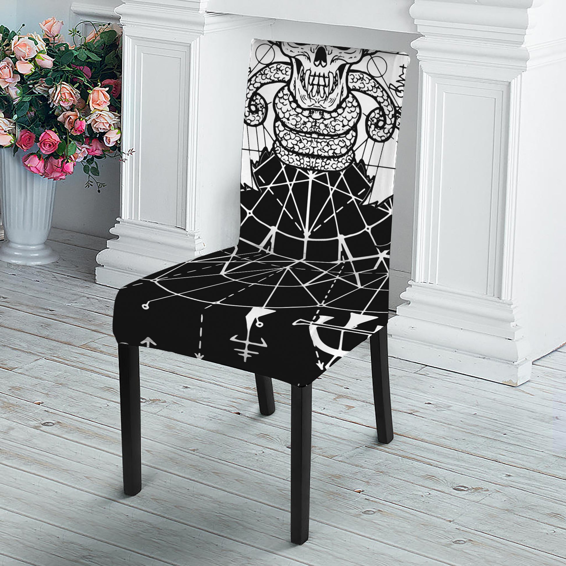 Black And White Demon Wicca Print Dining Chair Slipcover