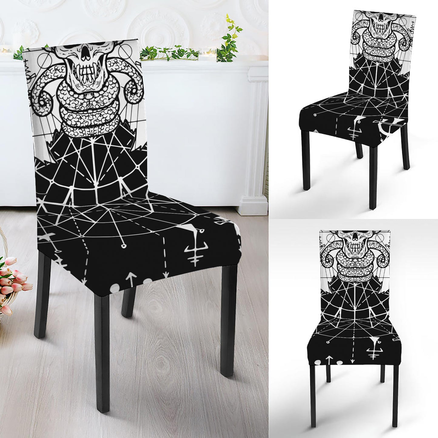 Black And White Demon Wicca Print Dining Chair Slipcover