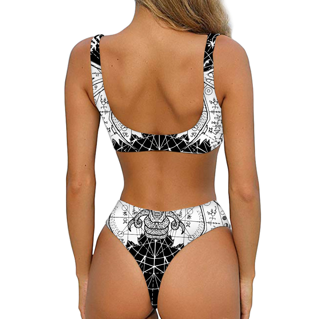 Black And White Demon Wicca Print Front Bow Tie Bikini