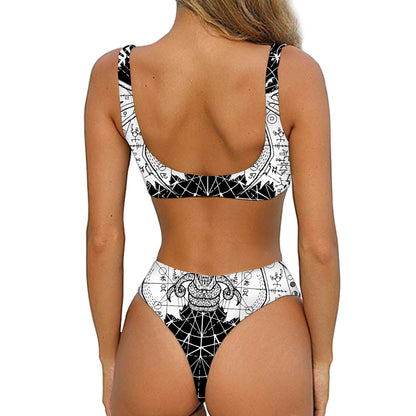 Black And White Demon Wicca Print Front Bow Tie Bikini