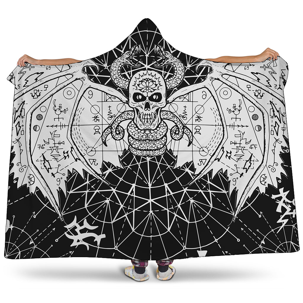 Black And White Demon Wicca Print Hooded Blanket