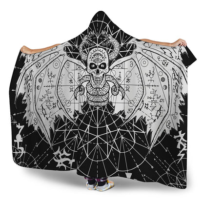 Black And White Demon Wicca Print Hooded Blanket