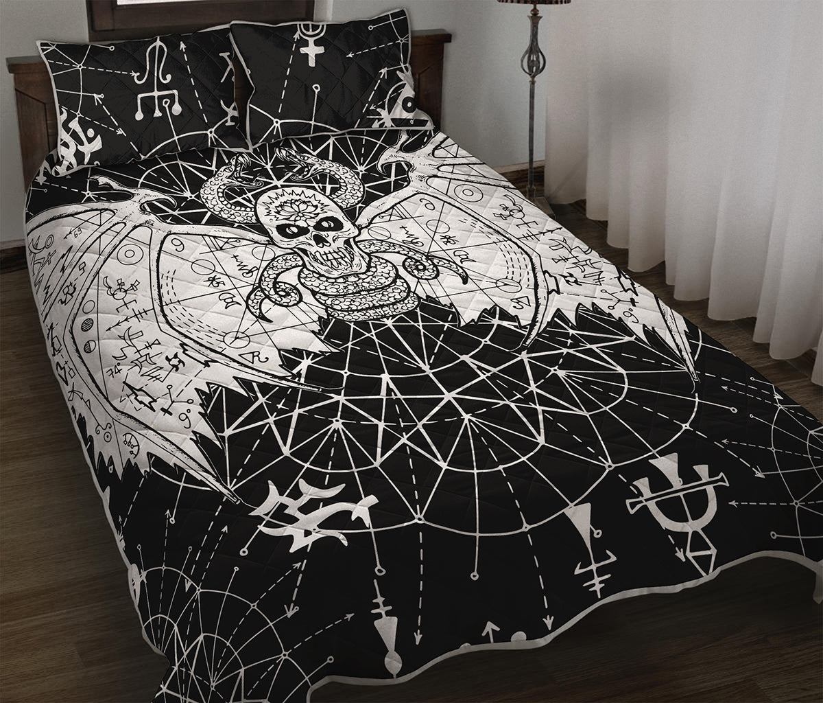 Black And White Demon Wicca Print Quilt Bed Set