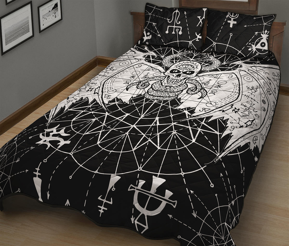 Black And White Demon Wicca Print Quilt Bed Set