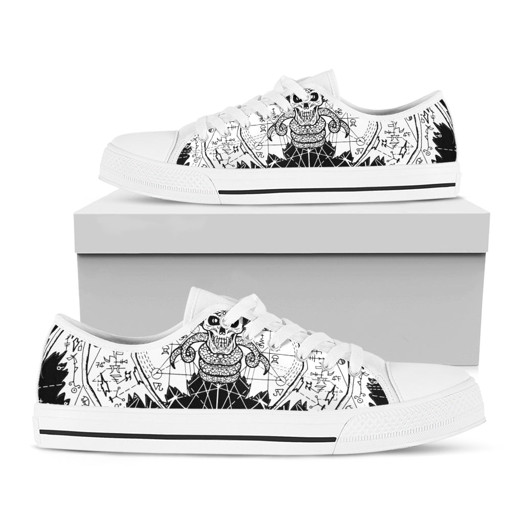 Black And White Demon Wicca Print White Low Top Shoes