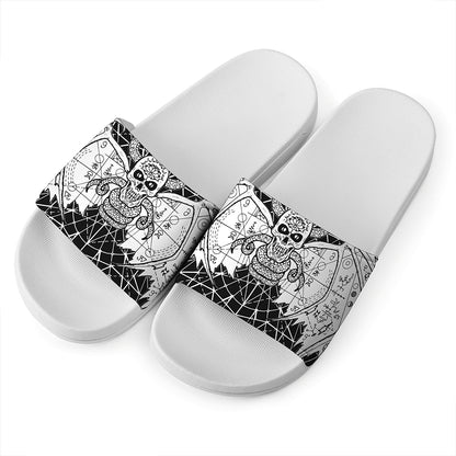 Black And White Demon Wicca Print White Slide Sandals