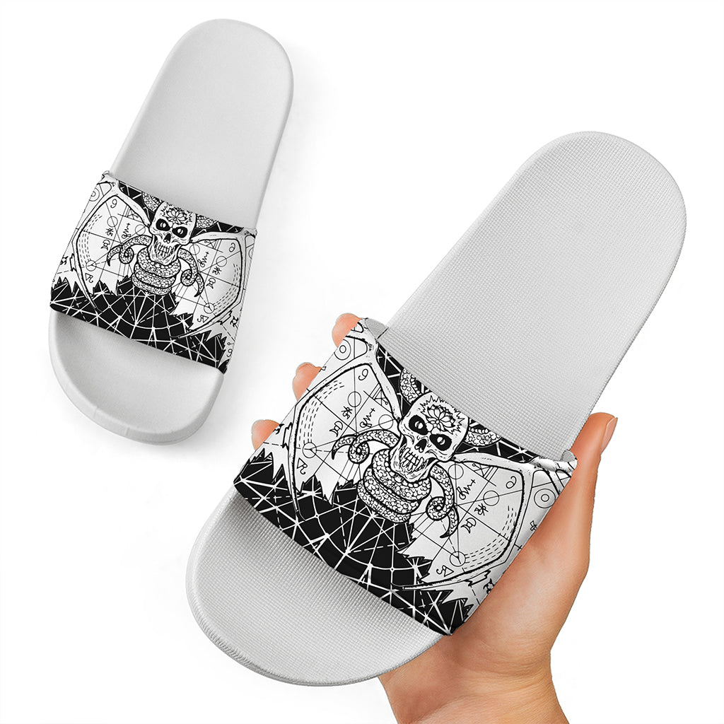 Black And White Demon Wicca Print White Slide Sandals