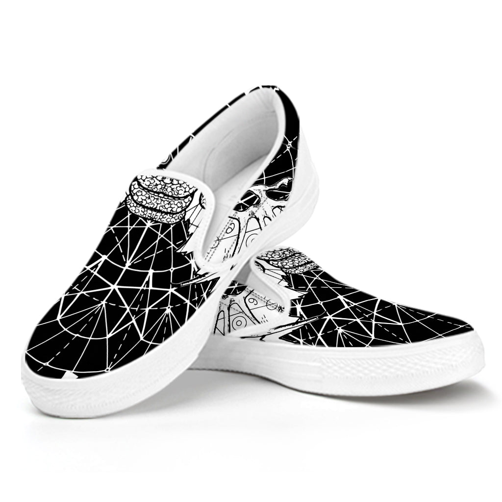 Black And White Demon Wicca Print White Slip On Shoes