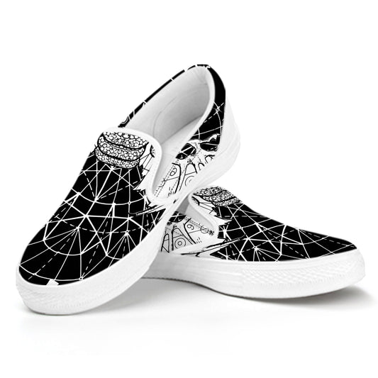 Black And White Demon Wicca Print White Slip On Shoes