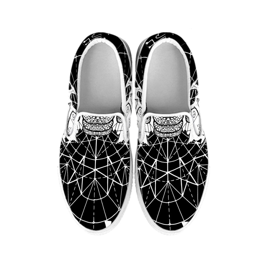 Black And White Demon Wicca Print White Slip On Shoes