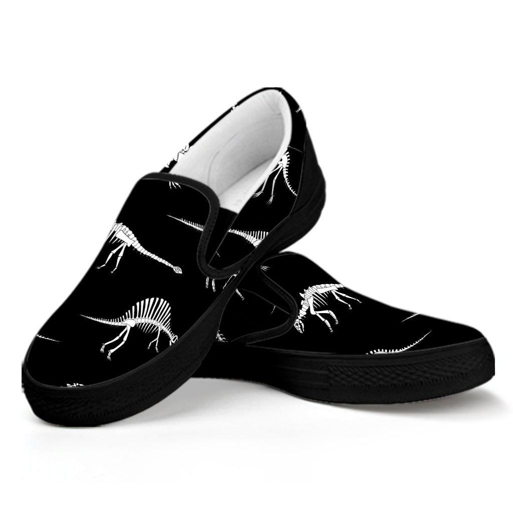 Black And White Dinosaur Fossil Print Black Slip On Shoes