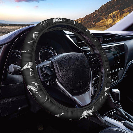 Black And White Dinosaur Fossil Print Car Steering Wheel Cover