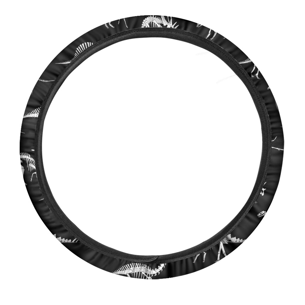 Black And White Dinosaur Fossil Print Car Steering Wheel Cover