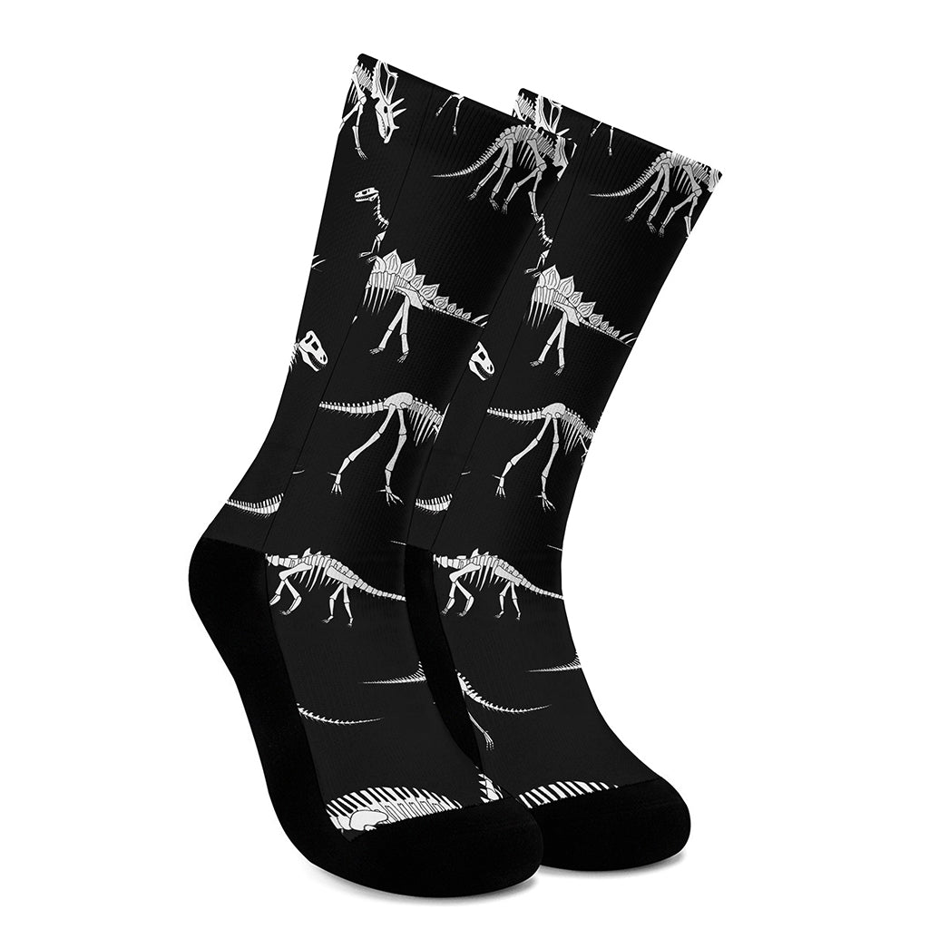 Black And White Dinosaur Fossil Print Crew Socks