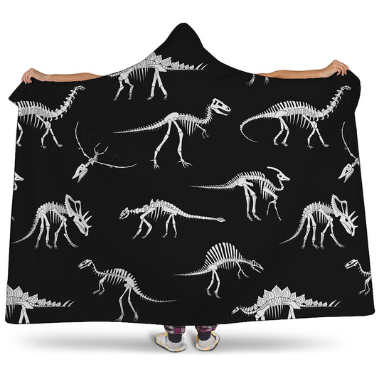 Black And White Dinosaur Fossil Print Hooded Blanket