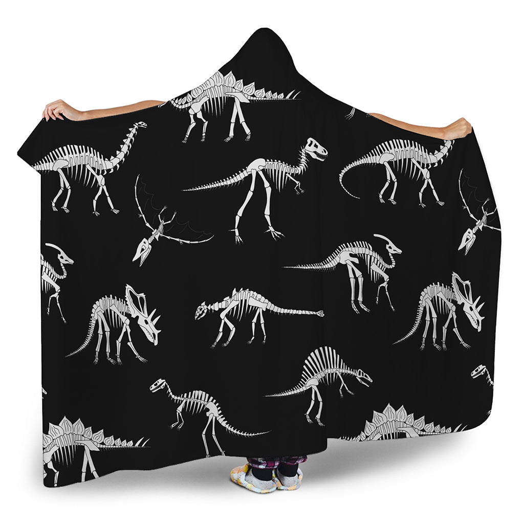Black And White Dinosaur Fossil Print Hooded Blanket