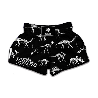 Black And White Dinosaur Fossil Print Muay Thai Boxing Shorts