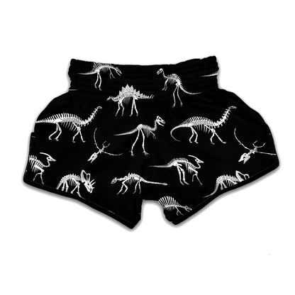 Black And White Dinosaur Fossil Print Muay Thai Boxing Shorts