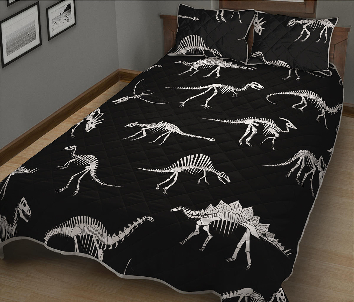 Black And White Dinosaur Fossil Print Quilt Bed Set