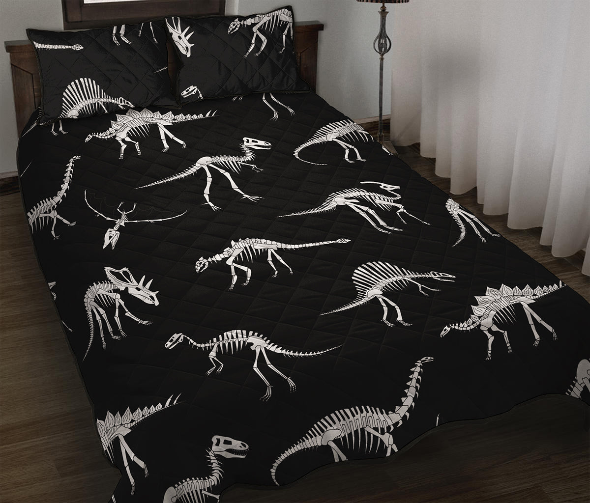 Black And White Dinosaur Fossil Print Quilt Bed Set