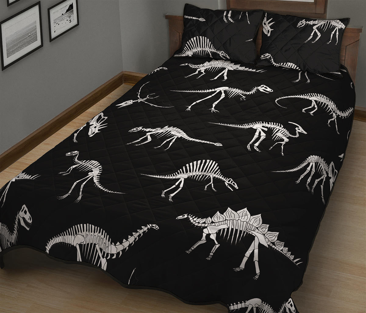 Black And White Dinosaur Fossil Print Quilt Bed Set