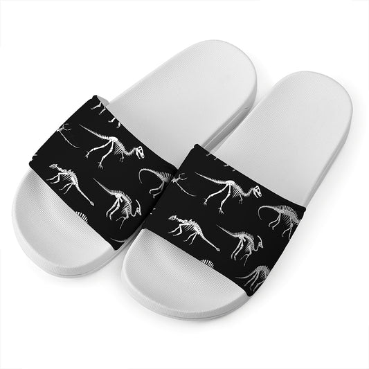 Black And White Dinosaur Fossil Print White Slide Sandals