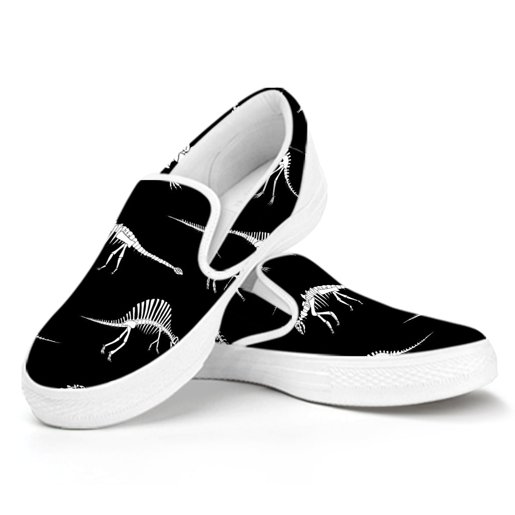Black And White Dinosaur Fossil Print White Slip On Shoes