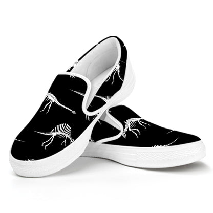 Black And White Dinosaur Fossil Print White Slip On Shoes