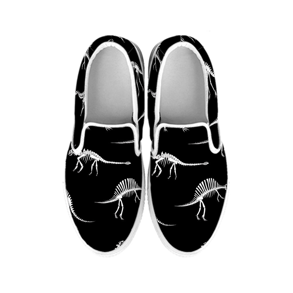 Black And White Dinosaur Fossil Print White Slip On Shoes