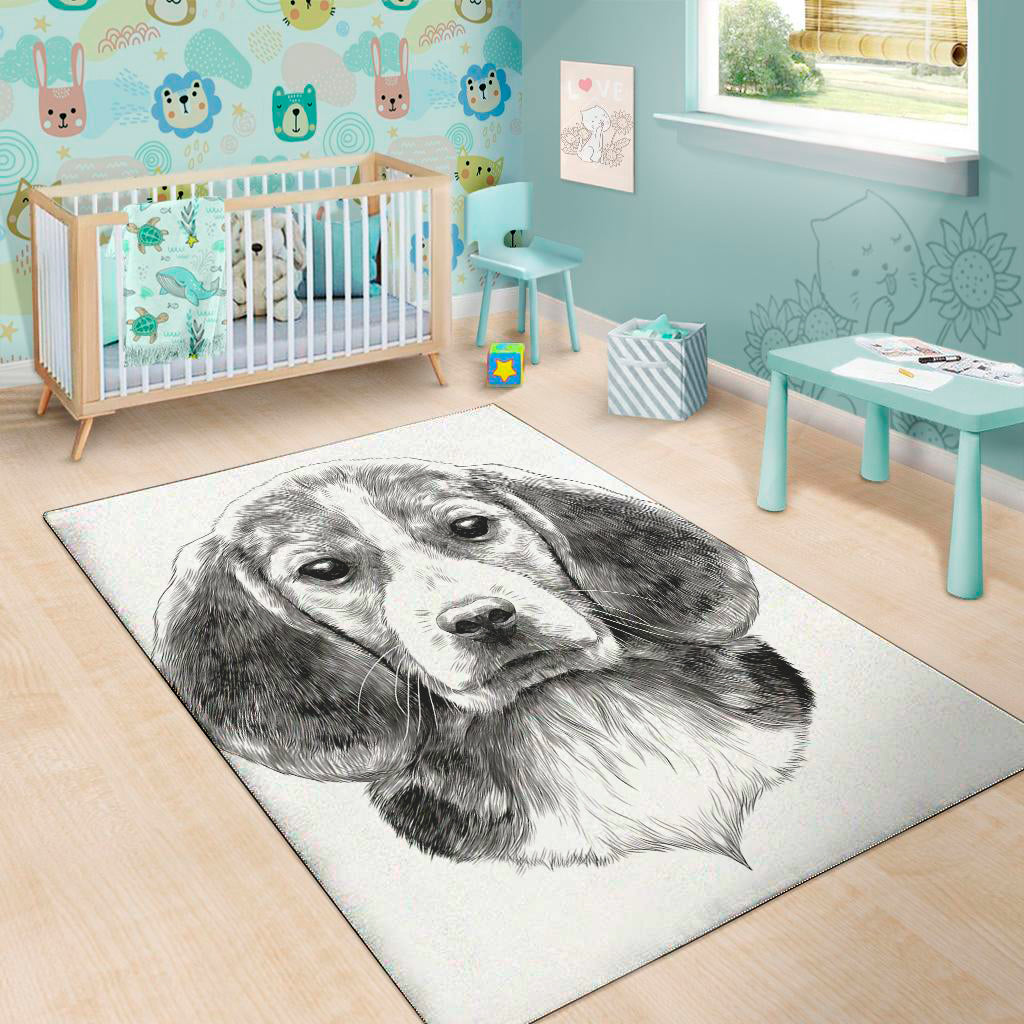 Black And White Drawing Beagle Print Area Rug