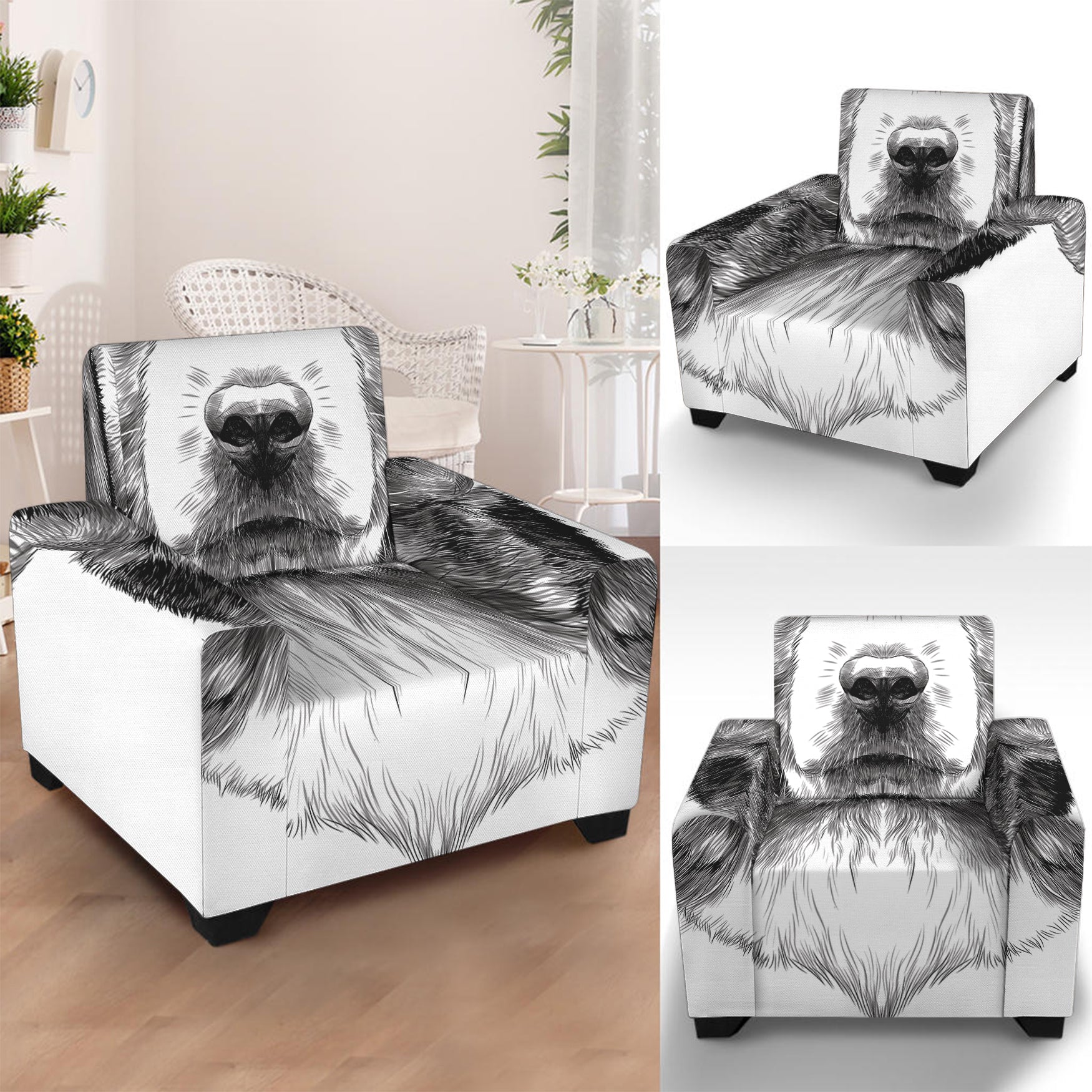 Black And White Drawing Beagle Print Armchair Slipcover