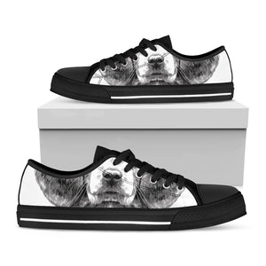 Black And White Drawing Beagle Print Black Low Top Shoes 