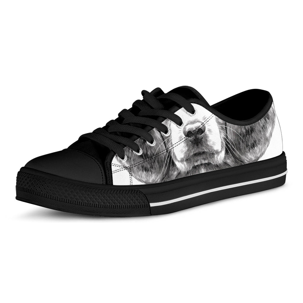 Black And White Drawing Beagle Print Black Low Top Shoes 