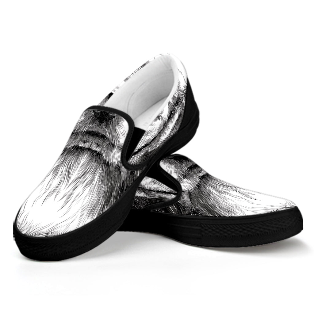 Black And White Drawing Beagle Print Black Slip On Shoes