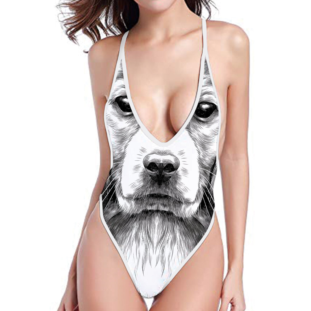 Black And White Drawing Beagle Print High Cut One Piece Swimsuit