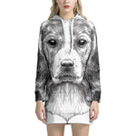 Black And White Drawing Beagle Print Pullover Hoodie Dress