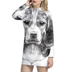 Black And White Drawing Beagle Print Pullover Hoodie Dress