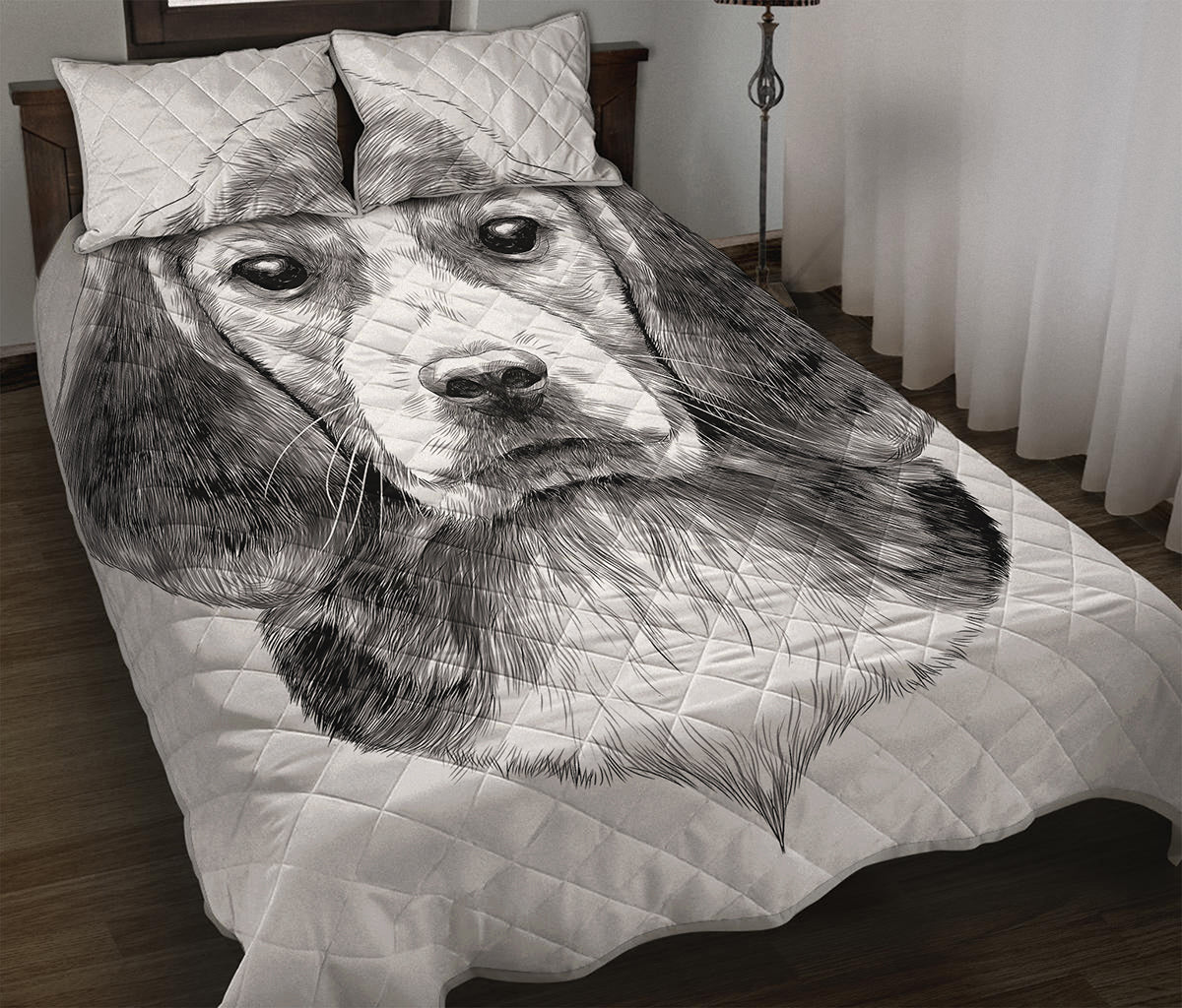 Black And White Drawing Beagle Print Quilt Bed Set