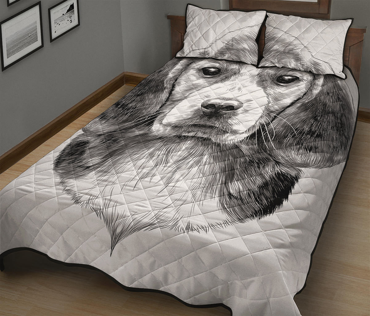 Black And White Drawing Beagle Print Quilt Bed Set