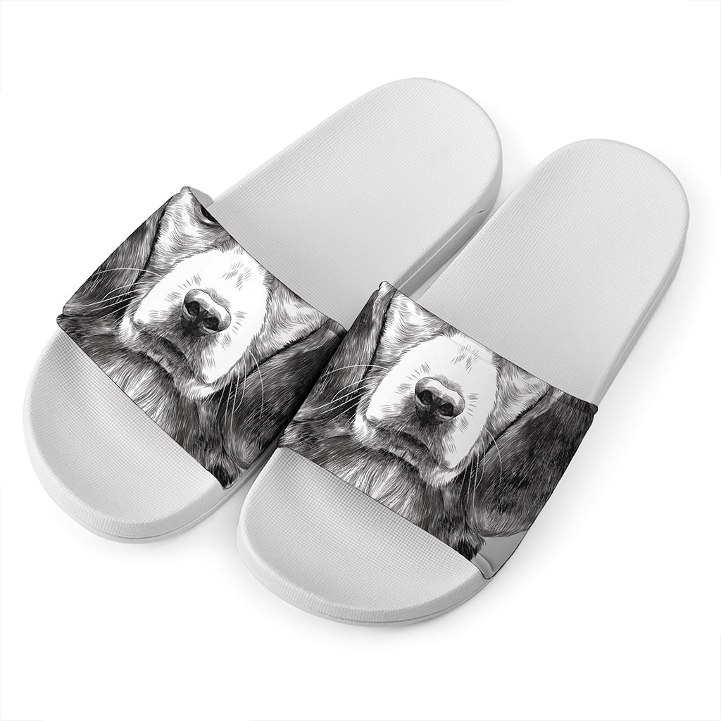 Black And White Drawing Beagle Print White Slide Sandals